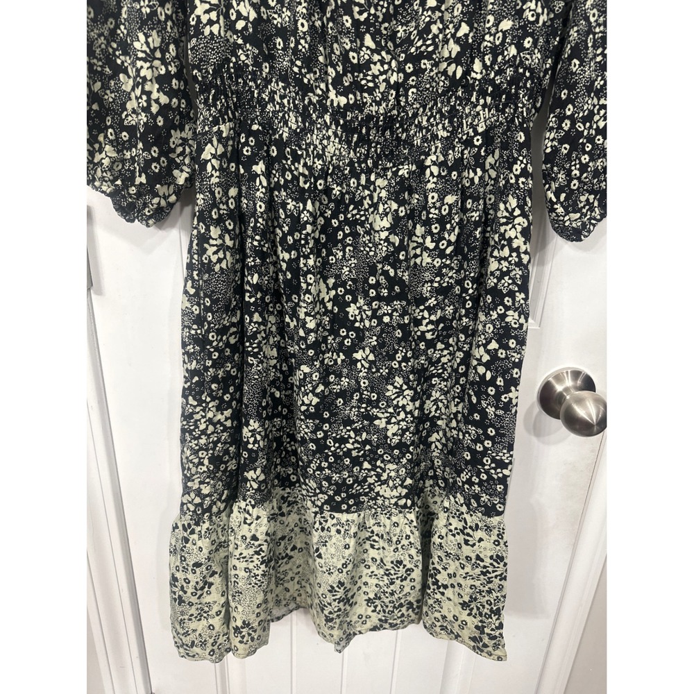 Knox Rose Black Green Floral Smocked Waist Midi Dress Womens Medium Boho Ruffle - Picture 11 of 12
